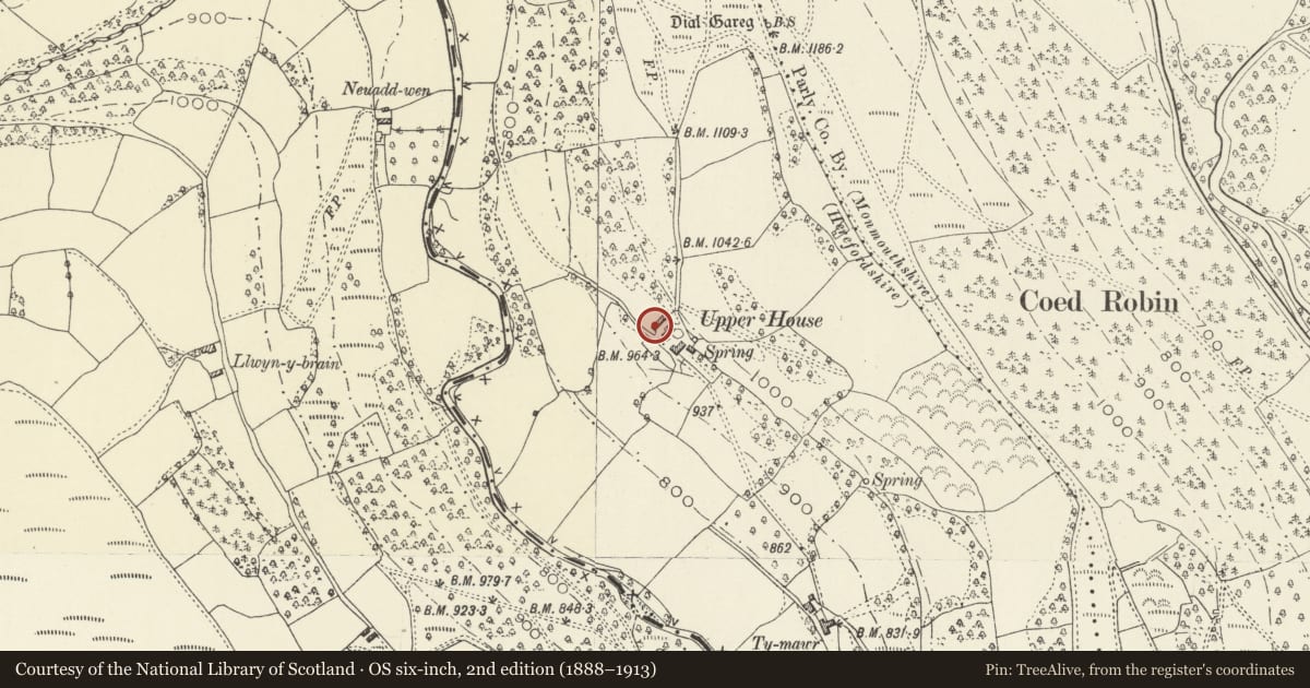 Ordnance Survey six-inch map, 2nd edition (1888–1913) covering the location of Cartshed at Upper House Farm, Crucorney, Monmouthshire, with a pin at the register's coordinates