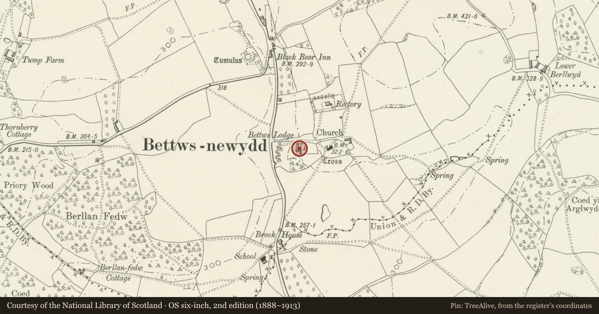 Ordnance Survey six-inch map, 2nd edition (1888–1913) covering the location of Bettws Lodge, Llanarth, Monmouthshire, with a pin at the register's coordinates