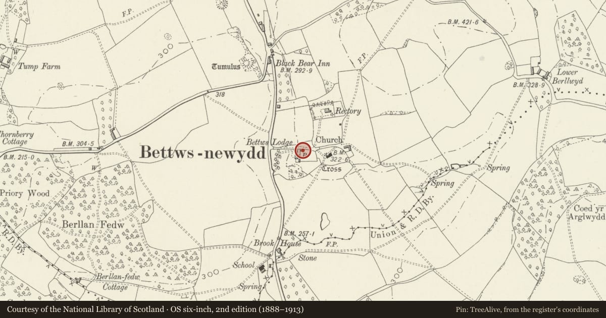 Ordnance Survey six-inch map, 2nd edition (1888–1913) covering the location of Former Coach House at Bettws Lodge, Llanarth, Monmouthshire, with a pin at the register's coordinates