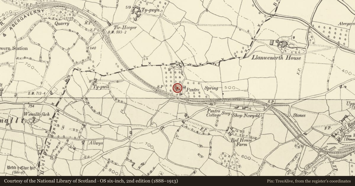 Ordnance Survey six-inch map, 2nd edition (1888–1913) covering the location of The Old House at Pentre Farm, Llanfoist Fawr, Monmouthshire, with a pin at the register's coordinates