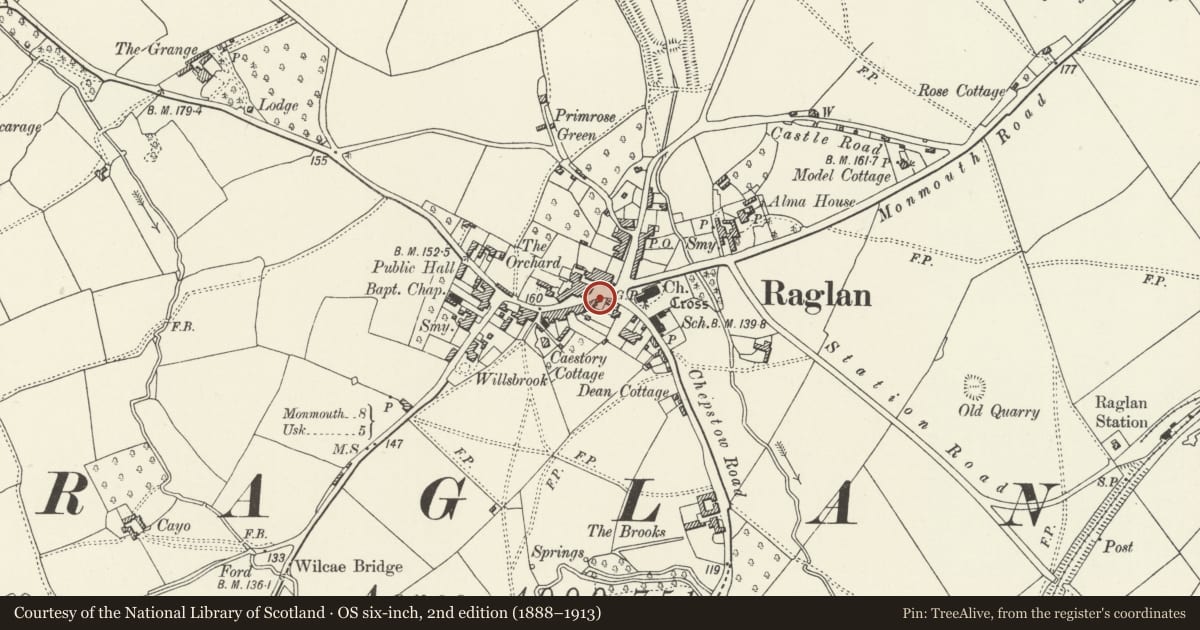 Ordnance Survey six-inch map, 2nd edition (1888–1913) covering the location of Telephone Call-box, Raglan, Monmouthshire, with a pin at the register's coordinates