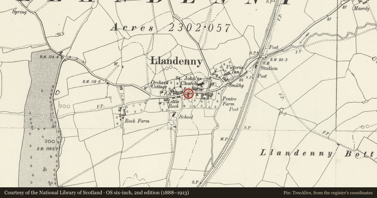 Ordnance Survey six-inch map, 2nd edition (1888–1913) covering the location of Telephone Call-box, Raglan, Monmouthshire, with a pin at the register's coordinates