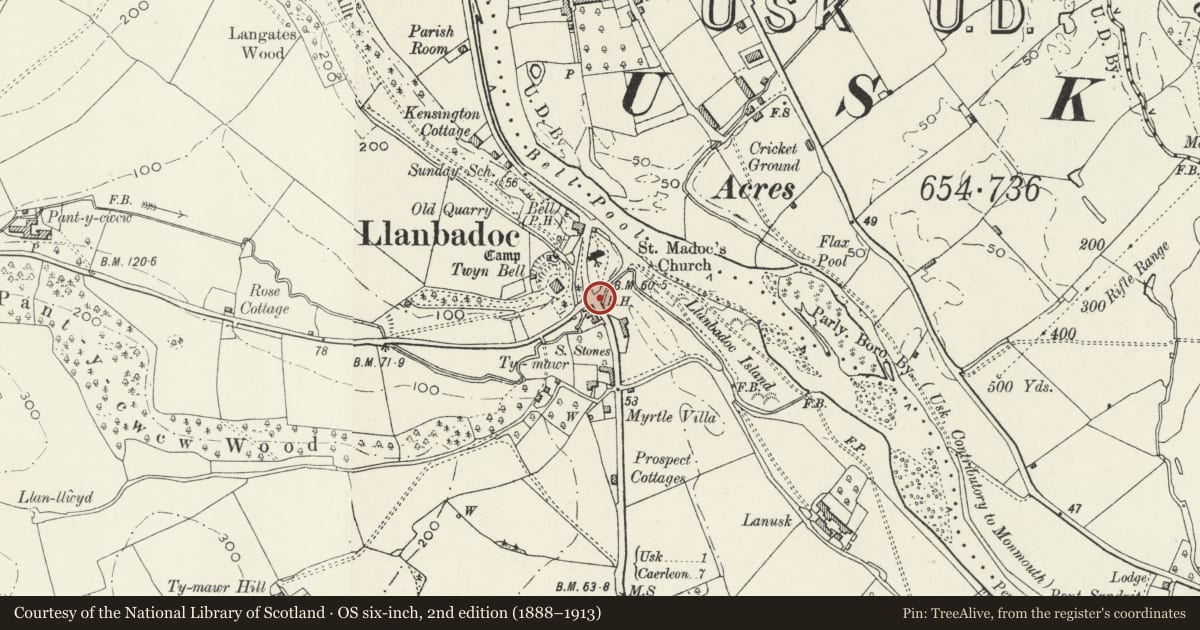 Ordnance Survey six-inch map, 2nd edition (1888–1913) covering the location of Telephone Call-box at Church of St Madoc, Llanbadoc, Monmouthshire, with a pin at the register's coordinates