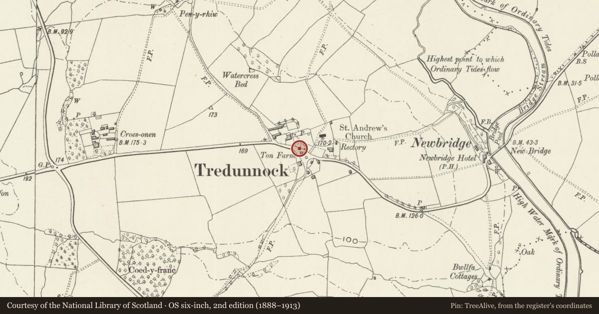 Ordnance Survey six-inch map, 2nd edition (1888–1913) covering the location of Telephone call box in Tredunnock, Llangybi, Monmouthshire, with a pin at the register's coordinates