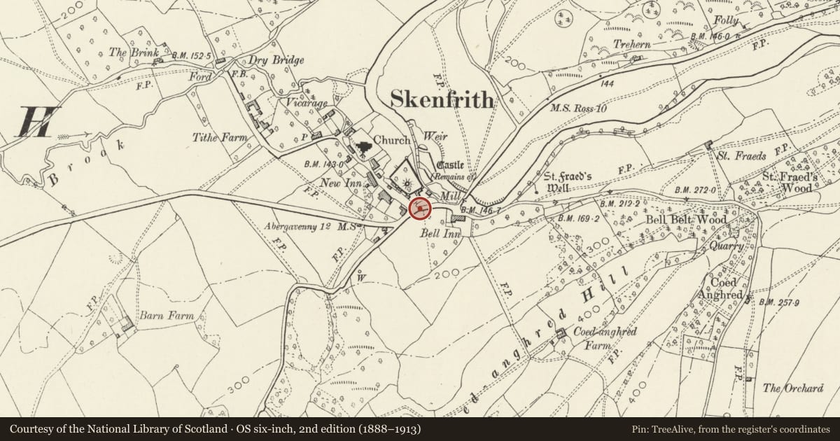 Ordnance Survey six-inch map, 2nd edition (1888–1913) covering the location of Telephone Call-box, Skenfrith, Monmouthshire, with a pin at the register's coordinates