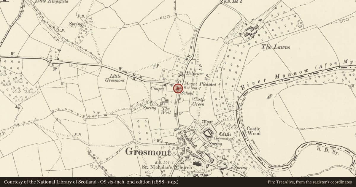 Ordnance Survey six-inch map, 2nd edition (1888–1913) covering the location of Old School, Grosmont, Monmouthshire, with a pin at the register's coordinates