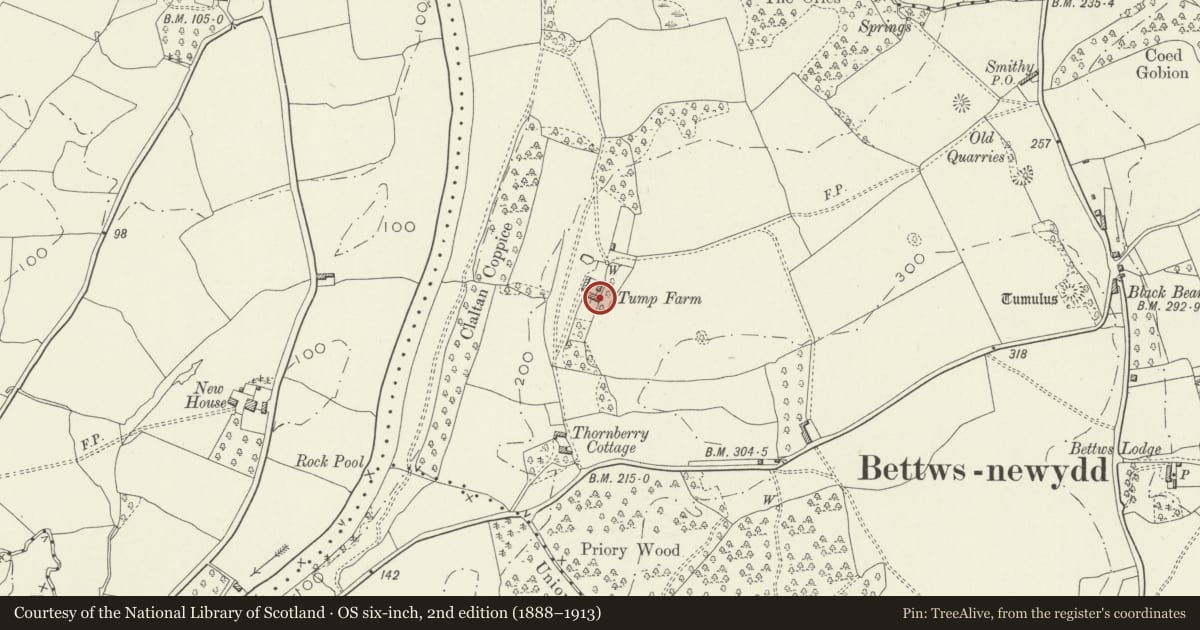 Ordnance Survey six-inch map, 2nd edition (1888–1913) covering the location of Tump Farmhouse, Llanarth, Monmouthshire, with a pin at the register's coordinates