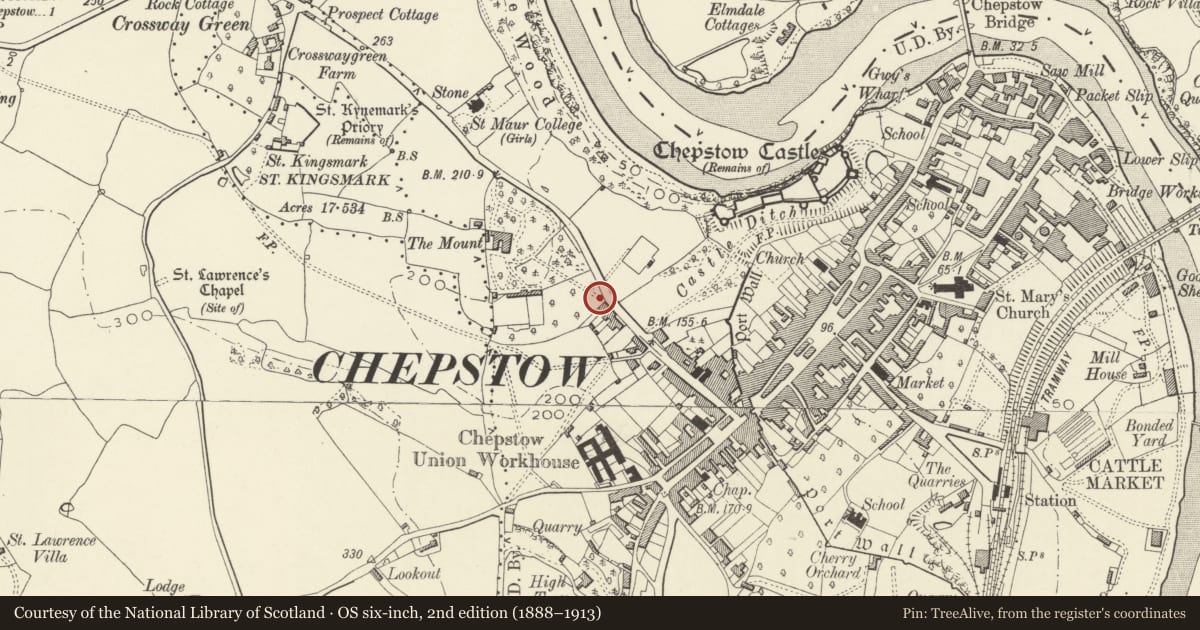 Ordnance Survey six-inch map, 2nd edition (1888–1913) covering the location of The Lodge, Chepstow, Monmouthshire, with a pin at the register's coordinates