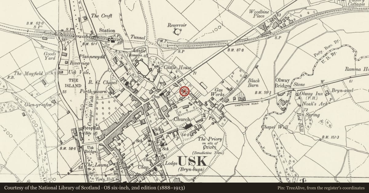 Ordnance Survey six-inch map, 2nd edition (1888–1913) covering the location of 8 Castle Street, Usk, Monmouthshire, with a pin at the register's coordinates