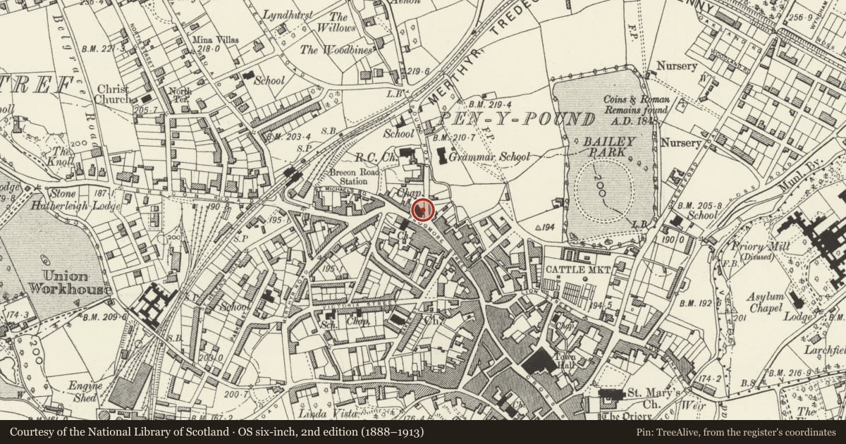 Ordnance Survey six-inch map, 2nd edition (1888–1913) covering the location of Abergavenny Baptist Church, Monmouthshire, with a pin at the register's coordinates