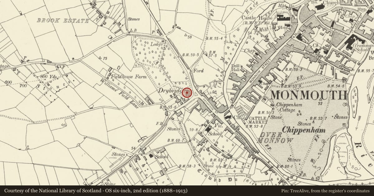 Ordnance Survey six-inch map, 2nd edition (1888–1913) covering the location of Bridges Community centre (formerly Drybridge House), Monmouth, Monmouthshire, with a pin at the register's coordinates
