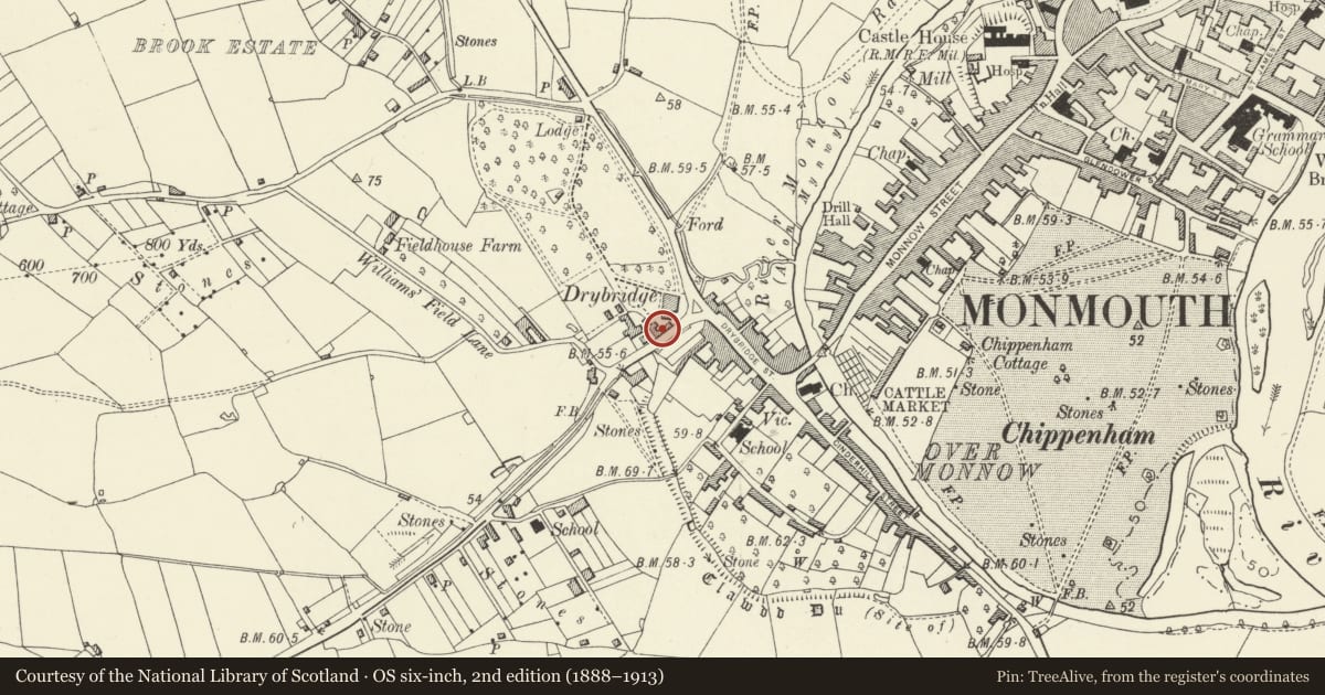 Ordnance Survey six-inch map, 2nd edition (1888–1913) covering the location of Former Stable Block of Drybridge House, Monmouth, Monmouthshire, with a pin at the register's coordinates