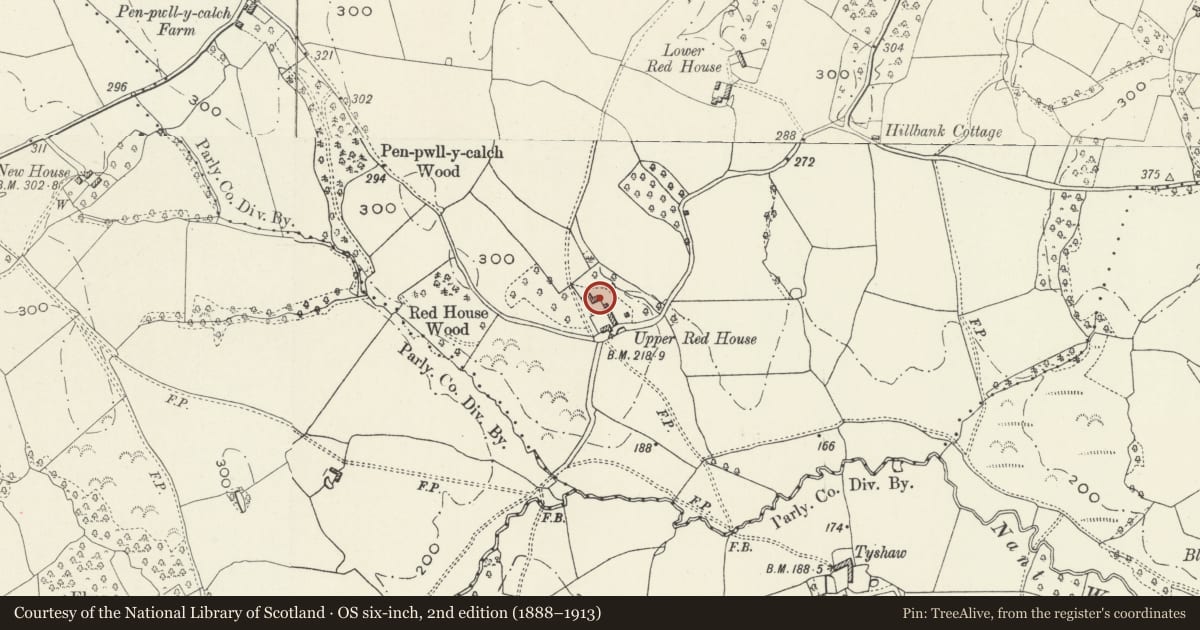 Ordnance Survey six-inch map, 2nd edition (1888–1913) covering the location of Upper Red House, Whitecastle, Monmouthshire, with a pin at the register's coordinates