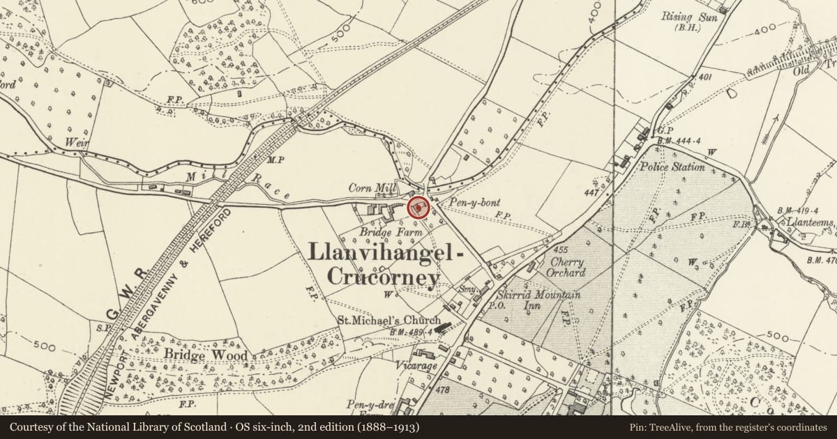 Ordnance Survey six-inch map, 2nd edition (1888–1913) covering the location of Millbrook, Crucorney, Monmouthshire, with a pin at the register's coordinates