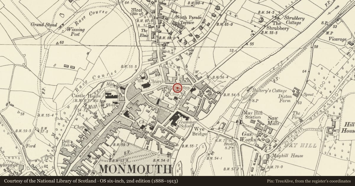 Ordnance Survey six-inch map, 2nd edition (1888–1913) covering the location of 1 St. James's Mews, Monmouth, Monmouthshire, with a pin at the register's coordinates