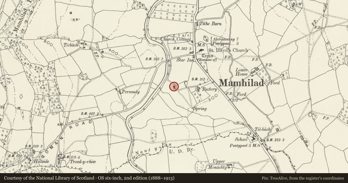 Ordnance Survey six-inch map, 2nd edition (1888–1913) covering the location of Rectory Cottage, Goetre Fawr, Monmouthshire, with a pin at the register's coordinates