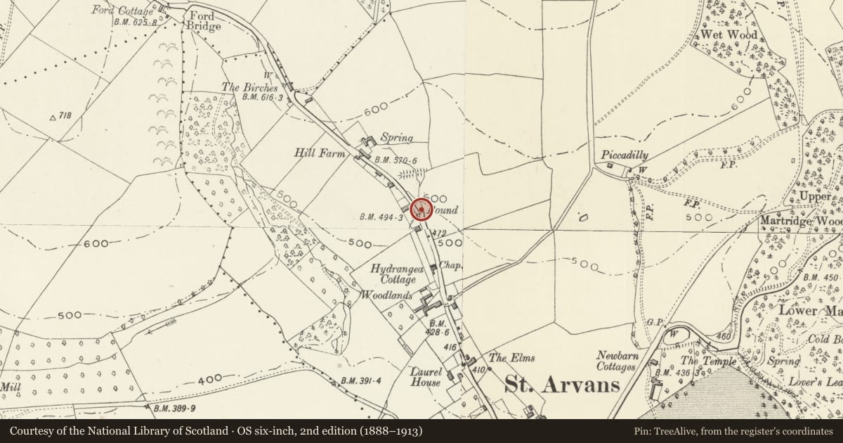 Ordnance Survey six-inch map, 2nd edition (1888–1913) covering the location of Village Pound, St. Arvans, Monmouthshire, with a pin at the register's coordinates