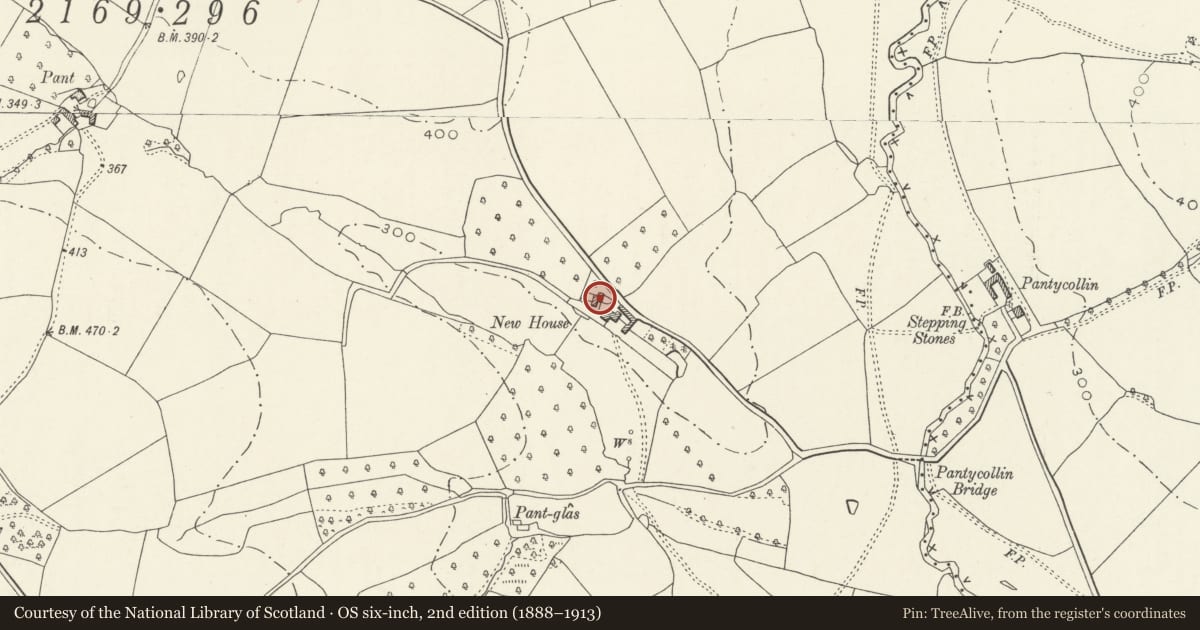 Ordnance Survey six-inch map, 2nd edition (1888–1913) covering the location of Newhouse Farmhouse, Skenfrith, Monmouthshire, with a pin at the register's coordinates