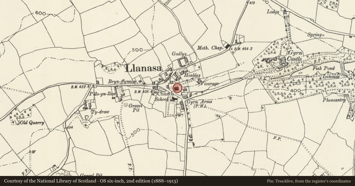 Ordnance Survey six-inch map, 2nd edition (1888–1913) covering the location of Church of SS Asaph and Kentigern, Llanasa, Flintshire, with a pin at the register's coordinates
