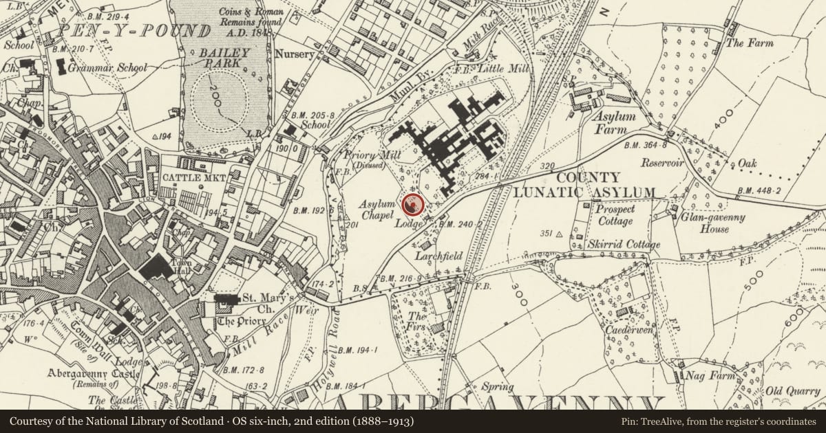 Ordnance Survey six-inch map, 2nd edition (1888–1913) covering the location of Chapel of former Pen-y-fal Hospital, Abergavenny, Monmouthshire, with a pin at the register's coordinates