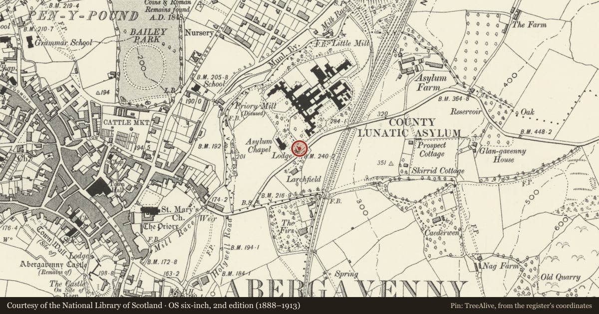 Ordnance Survey six-inch map, 2nd edition (1888–1913) covering the location of Lodge of Pen-y-fal, Abergavenny, Monmouthshire, with a pin at the register's coordinates