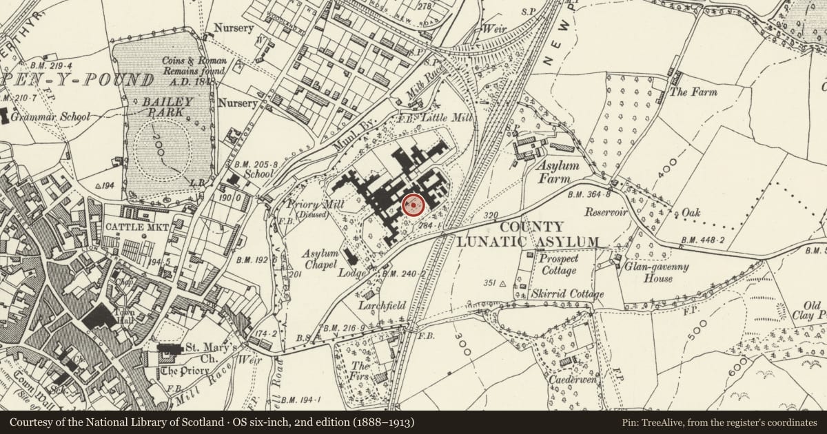 Ordnance Survey six-inch map, 2nd edition (1888–1913) covering the location of Octagonal Shelter 3 in the grounds to south of Pen-y-fal, Abergavenny, Monmouthshire, with a pin at the register's coordinates