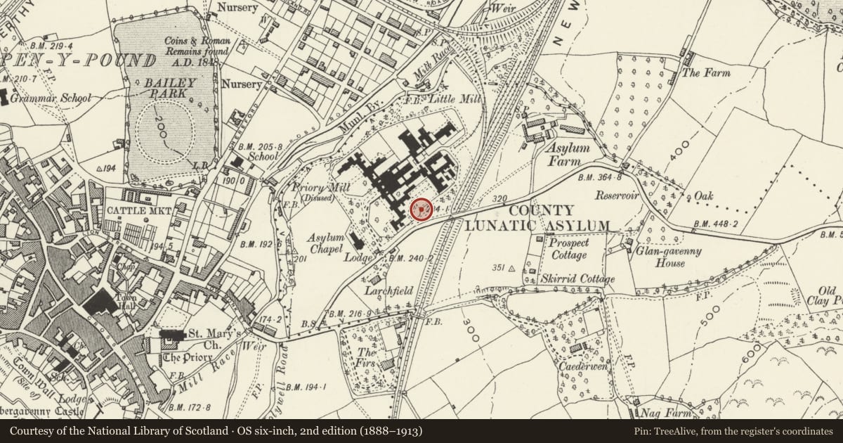 Ordnance Survey six-inch map, 2nd edition (1888–1913) covering the location of Octagonal Shelter 2 in the grounds to south of Pen-y-fal, Abergavenny, Monmouthshire, with a pin at the register's coordinates