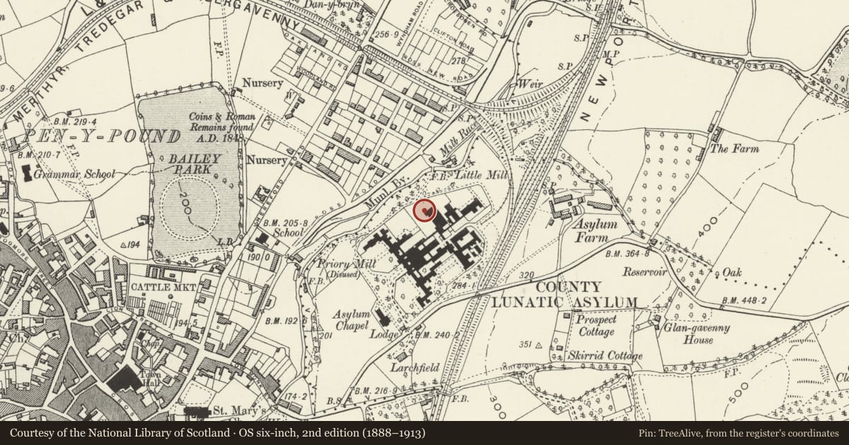 Ordnance Survey six-inch map, 2nd edition (1888–1913) covering the location of Octagonal Shelter 4 in the grounds to north of Pen-y-fal, Abergavenny, Monmouthshire, with a pin at the register's coordinates