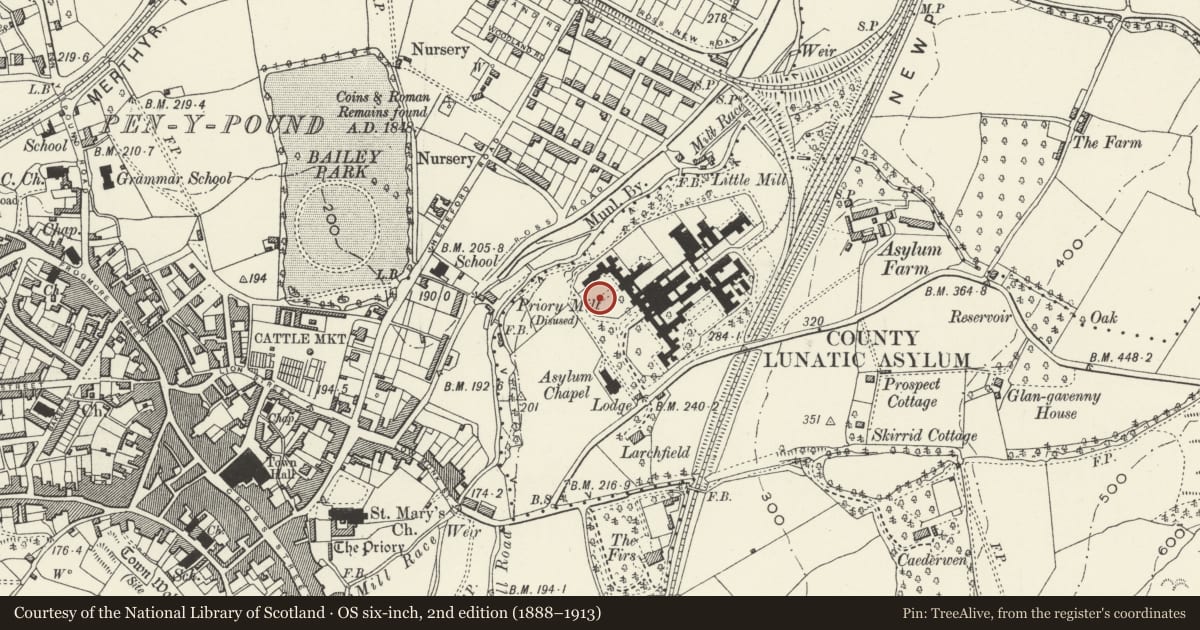 Ordnance Survey six-inch map, 2nd edition (1888–1913) covering the location of Octagonal Shelter 6 in the grounds of Pen-y-fal, Abergavenny, Monmouthshire, with a pin at the register's coordinates