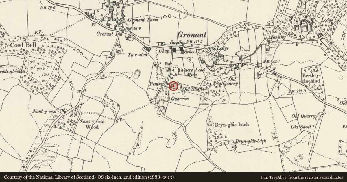 Ordnance Survey six-inch map, 2nd edition (1888–1913) covering the location of Pentre Farmhouse, Llanasa, Flintshire, with a pin at the register's coordinates