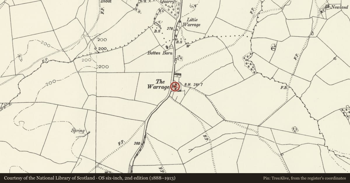 Ordnance Survey six-inch map, 2nd edition (1888–1913) covering the location of Farmyard Range at the Warrage, Mitchel Troy, Monmouthshire, with a pin at the register's coordinates