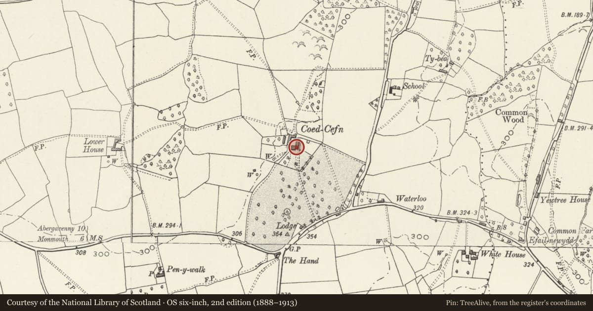 Ordnance Survey six-inch map, 2nd edition (1888–1913) covering the location of Coed Cefn Farmhouse, Mitchel Troy, Monmouthshire, with a pin at the register's coordinates
