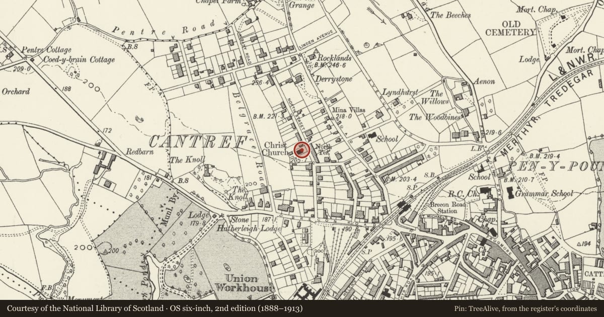 Ordnance Survey six-inch map, 2nd edition (1888–1913) covering the location of Church of Christchurch, Abergavenny, Monmouthshire, with a pin at the register's coordinates