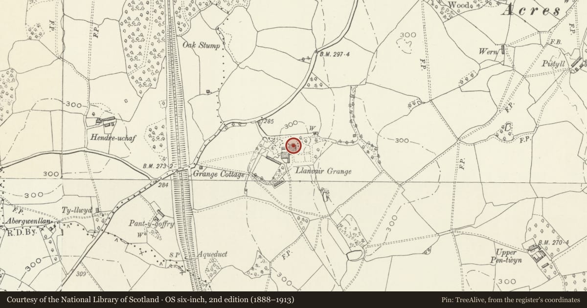 Ordnance Survey six-inch map, 2nd edition (1888–1913) covering the location of Llanfair Grange (also known as Plas Llanfair), Gobion Fawr, Monmouthshire, with a pin at the register's coordinates