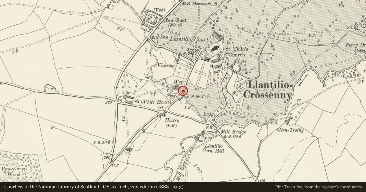 Ordnance Survey six-inch map, 2nd edition (1888–1913) covering the location of Telephone Call-box in Front of Garage, Whitecastle, Monmouthshire, with a pin at the register's coordinates