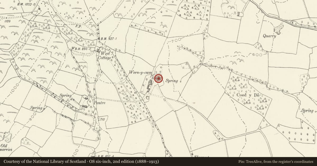 Ordnance Survey six-inch map, 2nd edition (1888–1913) covering the location of Wern-y-cwm Farmhouse, Skenfrith, Monmouthshire, with a pin at the register's coordinates