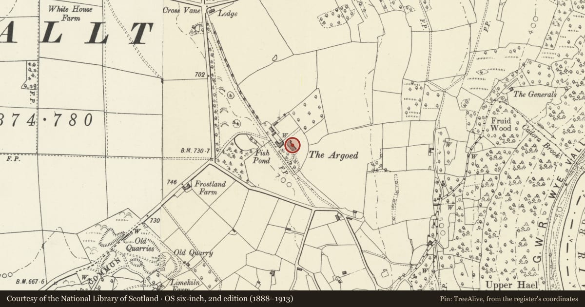 Ordnance Survey six-inch map, 2nd edition (1888–1913) covering the location of The Argoed, Trellech United, Monmouthshire, with a pin at the register's coordinates