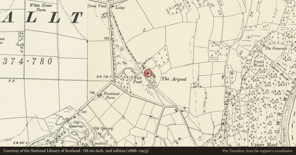 Ordnance Survey six-inch map, 2nd edition (1888–1913) covering the location of Stable Block at The Argoed, Trellech United, Monmouthshire, with a pin at the register's coordinates