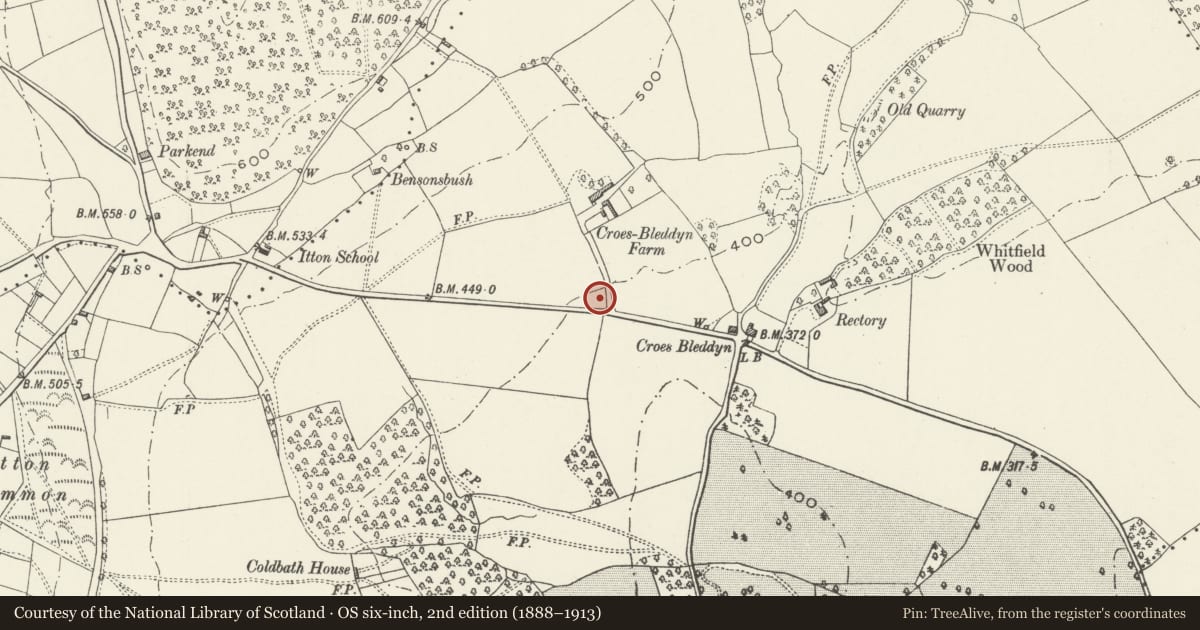 Ordnance Survey six-inch map, 2nd edition (1888–1913) covering the location of Itton Village Institute, Devauden, Monmouthshire, with a pin at the register's coordinates
