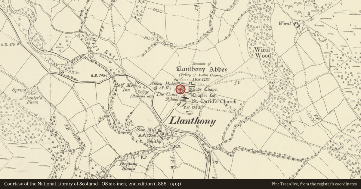 Ordnance Survey six-inch map, 2nd edition (1888–1913) covering the location of Court Farmhouse, Crucorney, Monmouthshire, with a pin at the register's coordinates