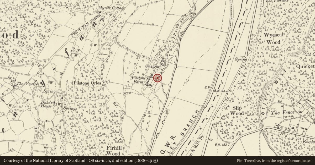 Ordnance Survey six-inch map, 2nd edition (1888–1913) covering the location of Pilstone Farmhouse, Trellech United, Monmouthshire, with a pin at the register's coordinates