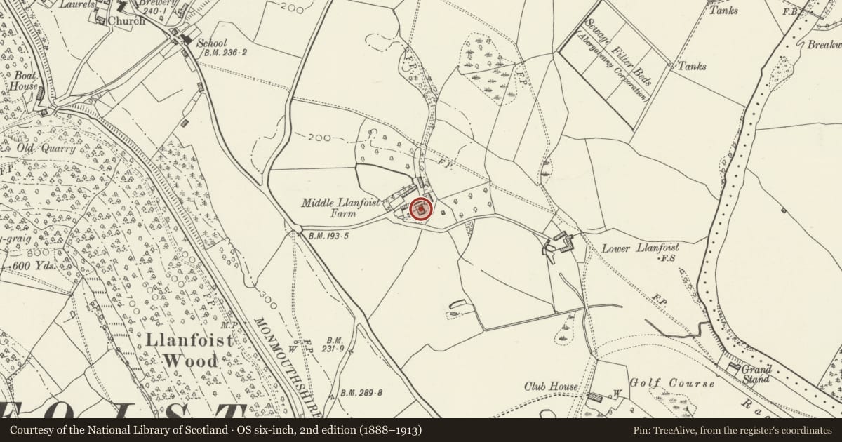 Ordnance Survey six-inch map, 2nd edition (1888–1913) covering the location of Grove Farm House, Llanfoist Fawr, Monmouthshire, with a pin at the register's coordinates