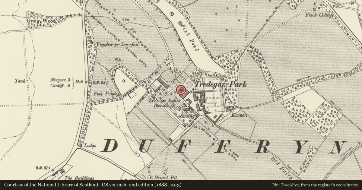 Ordnance Survey six-inch map, 2nd edition (1888–1913) covering the location of Tredegar House, Coedkernew, Newport, with a pin at the register's coordinates