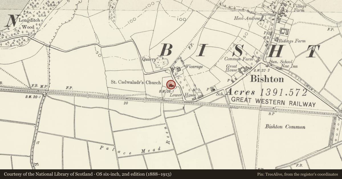 Ordnance Survey six-inch map, 2nd edition (1888–1913) covering the location of Parish Church of St Cadwaladr, Bishton, Newport, with a pin at the register's coordinates