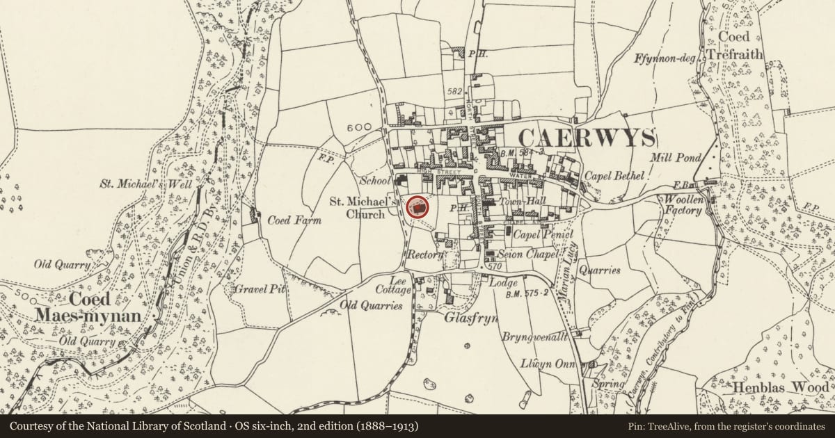 Ordnance Survey six-inch map, 2nd edition (1888–1913) covering the location of Church of St Michael, Caerwys, Flintshire, with a pin at the register's coordinates