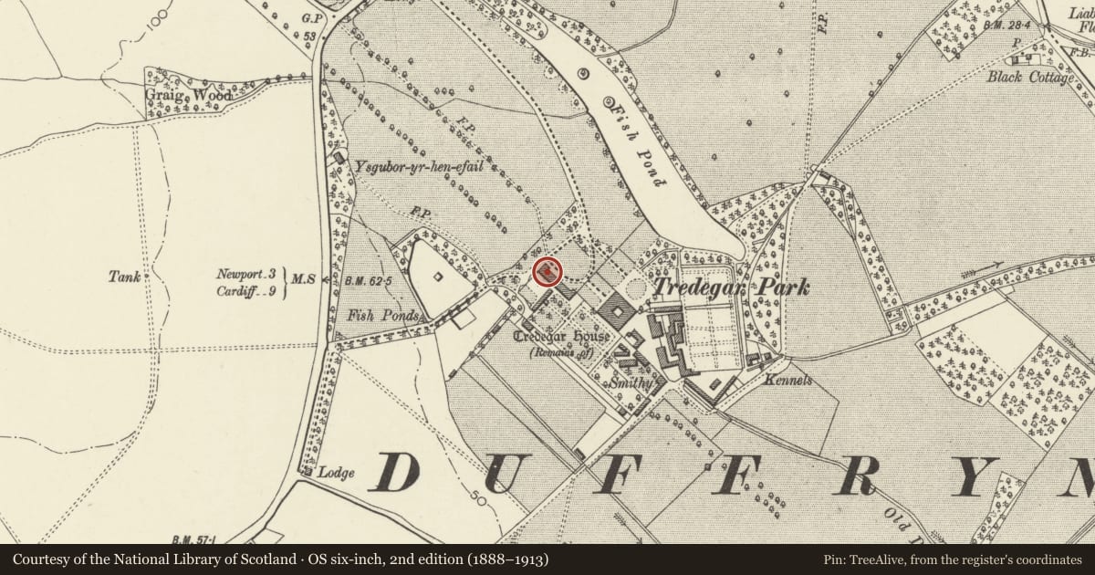 Ordnance Survey six-inch map, 2nd edition (1888–1913) covering the location of Stable Block including Orangery, Coedkernew, Newport, with a pin at the register's coordinates