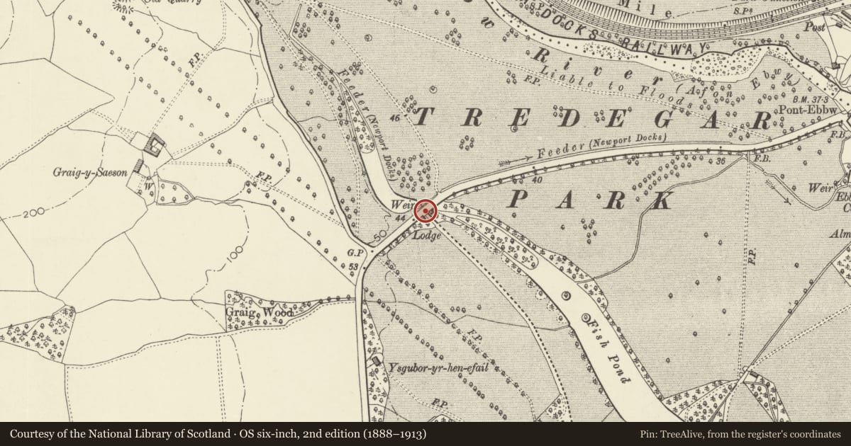 Ordnance Survey six-inch map, 2nd edition (1888–1913) covering the location of Pair of lodges, gates and piers with flanking walls to NW of Tredegar House, Coedkernew, Newport, with a pin at the register's coordinates