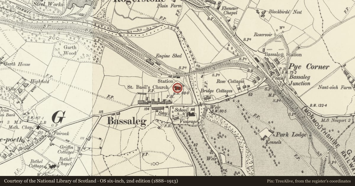 Ordnance Survey six-inch map, 2nd edition (1888–1913) covering the location of Church of Saint Basil, Graig, Newport, with a pin at the register's coordinates