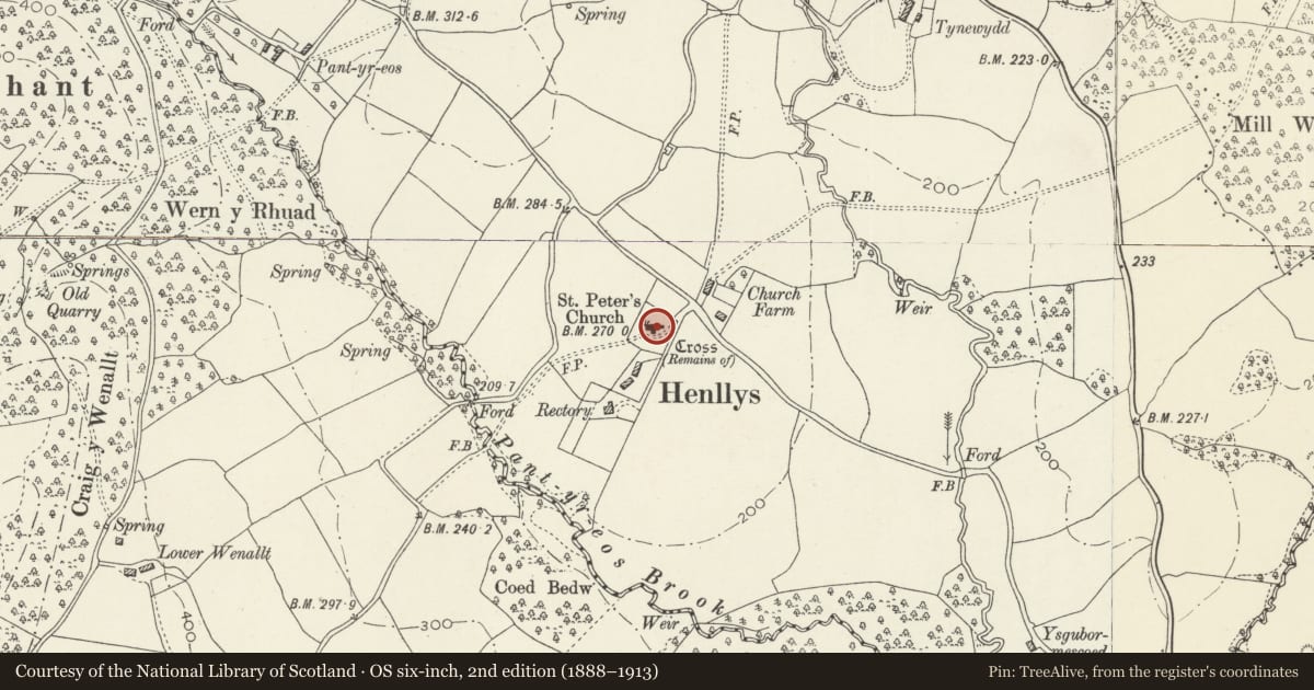 Ordnance Survey six-inch map, 2nd edition (1888–1913) covering the location of Church of Saint Peter, Henllys, Torfaen, with a pin at the register's coordinates