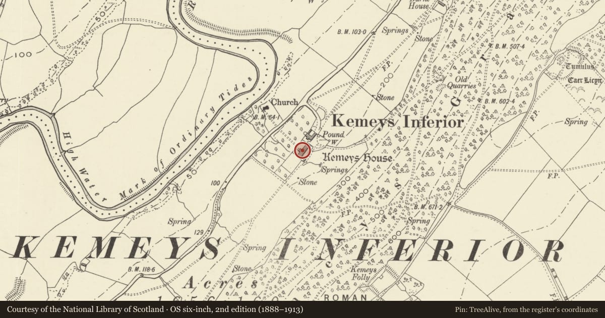 Ordnance Survey six-inch map, 2nd edition (1888–1913) covering the location of Kemeys Manor, Langstone, Newport, with a pin at the register's coordinates